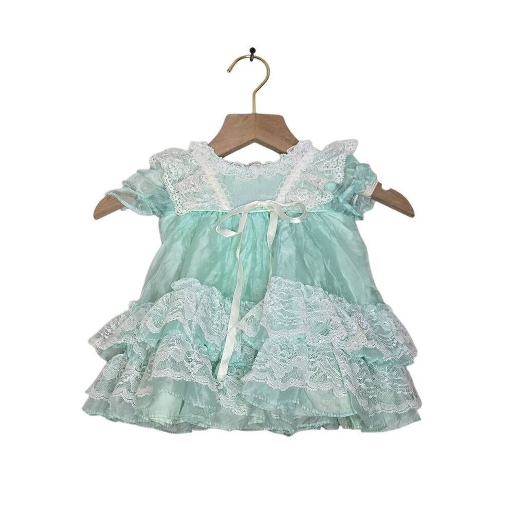 Martha's Miniatures Vintage Size 9-12Mo 80s Fussy Dress Girls Sheer Lace Bell Pa